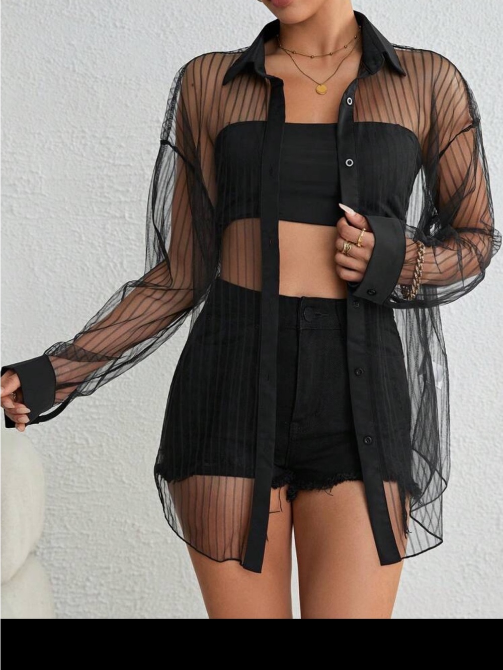 SHEIN Black Sheer Striped Mesh Button-Up